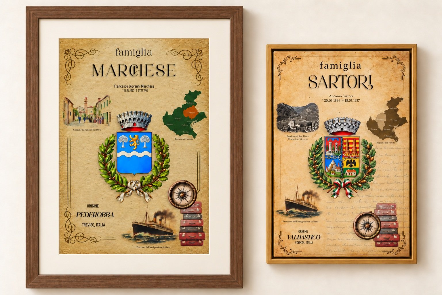 Quadros Marchese e Sartori lado a lado: Marchese com passe-partout marfim e moldura larga de madeira em castanho médio; Sartori em canvas com caixa americana de madeira clara